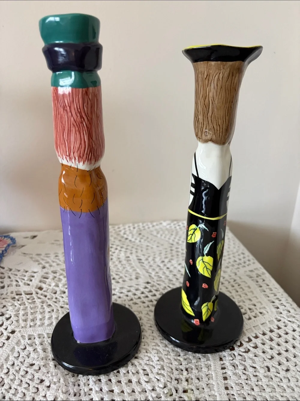 Hand-Painted Ceramic Figurine Candlestick Pair in Purple, Teal, Black